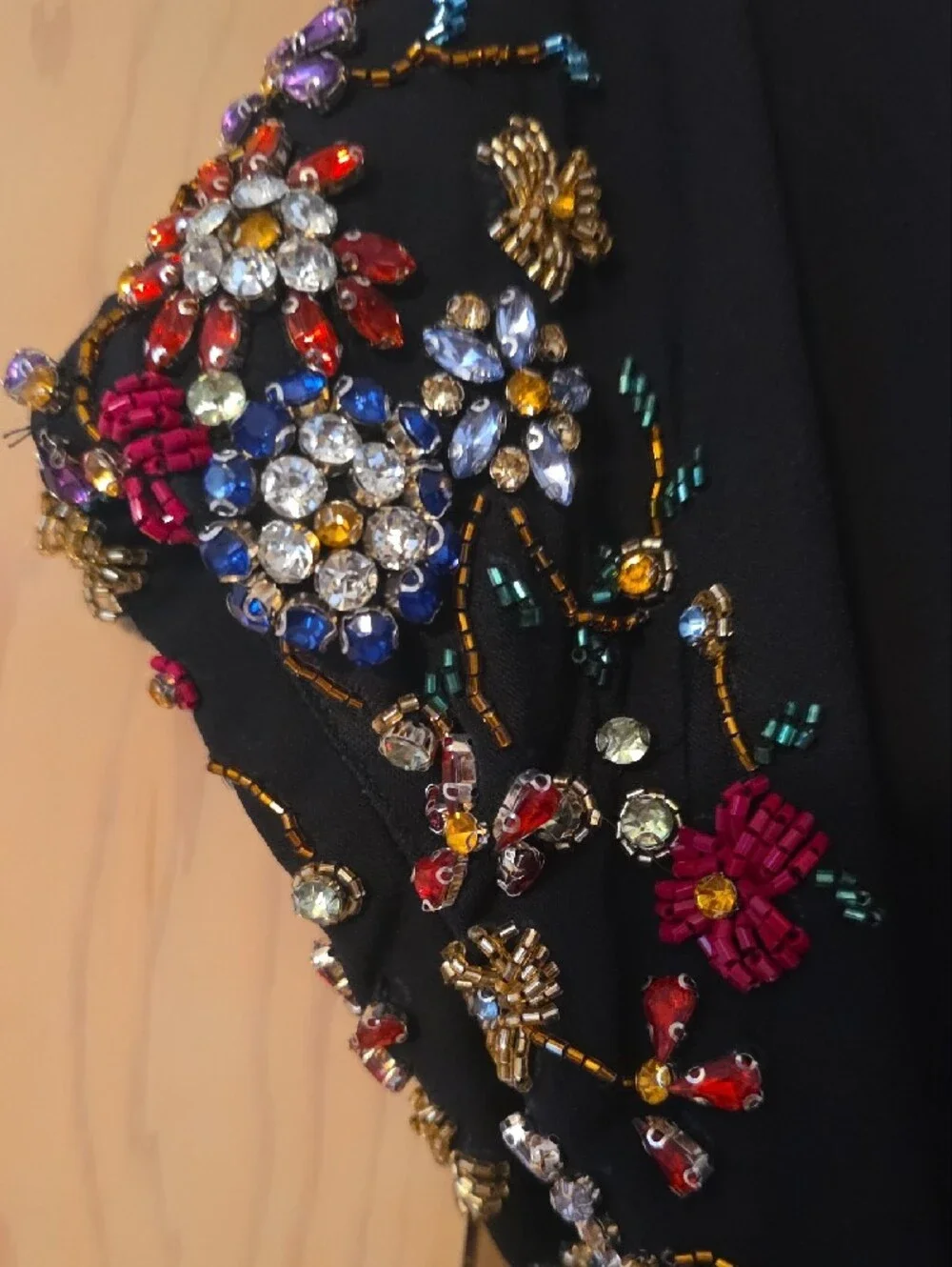 Mac Duggal Black Jersey Gown with Multicolor Embellished Cap Sleeves - Picture 5 of 9